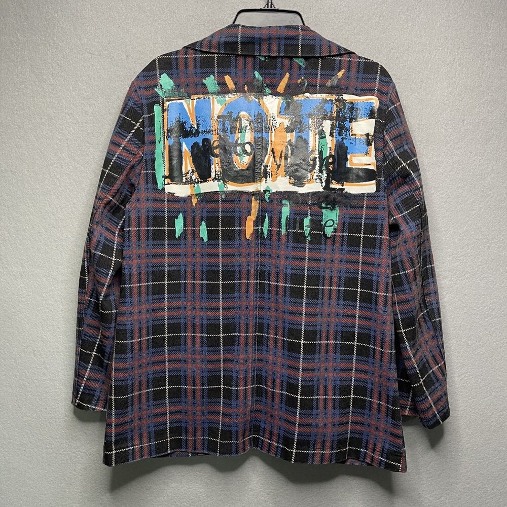 Coat Art Ma Cherie Denim Graffiti Boho Gypsie Plaid Coat Sz Small - Picture 5 of 7